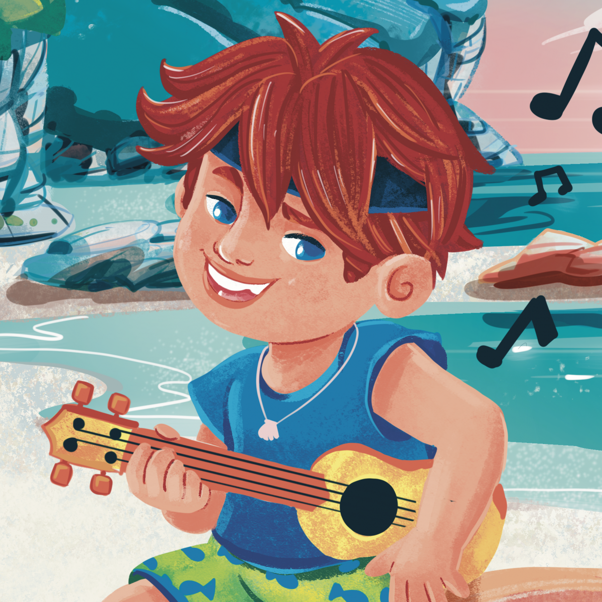 kid play ukulele in the beach